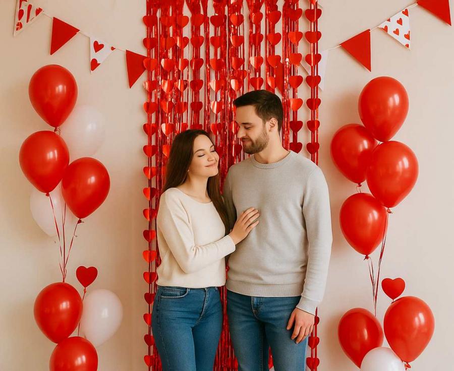 Folinė užuolaida raudona su širdelėmis (100 x 200 cm)