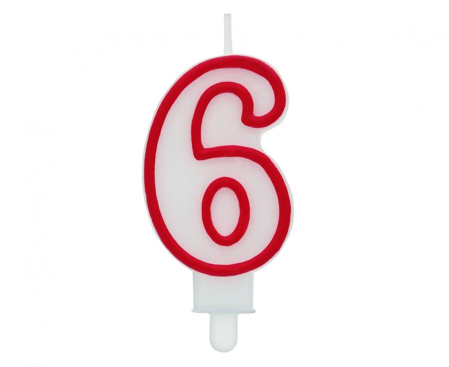 Žvakutė skaičius "6" raudonas kontūras, 7 cm