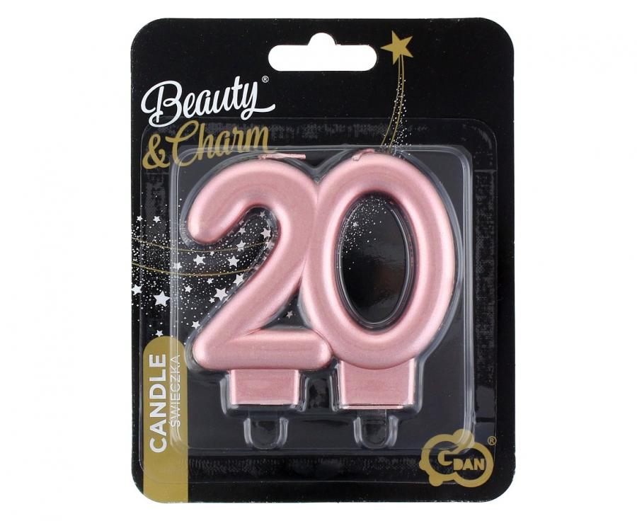 Žvakutė skaičius "20"(rausvai auksinė metalinė, 8,0 cm)