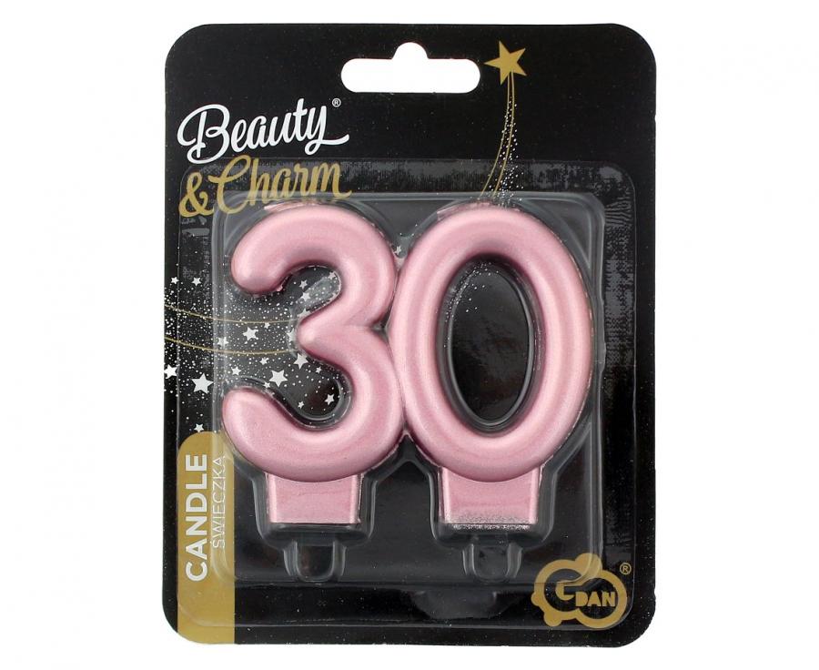 Žvakutė skaičius "30"(rausvai auksinė metalinė, 8,0 cm)