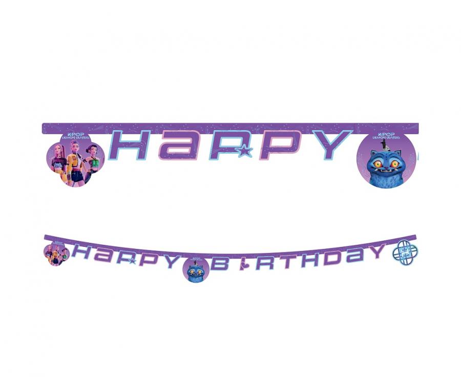 Popierinė vėliavėlių girlianda "Happy birthday " demon hunters , 2m