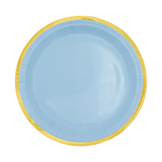 Popierinės lėkštės vienspalvės, melsvos su auksinės spalvos krašteliu (18 cm, 6 vnt.)