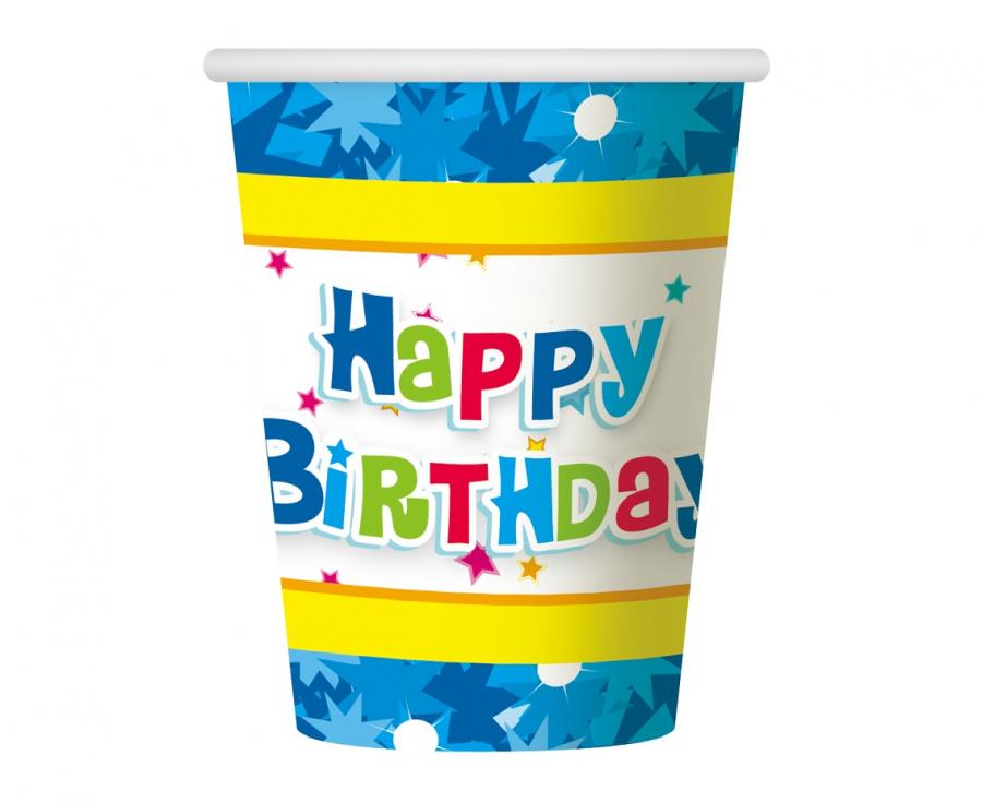 Popieriniai puodeliai "Happy Birthday" melynos, (270 ml / 6 vnt.)