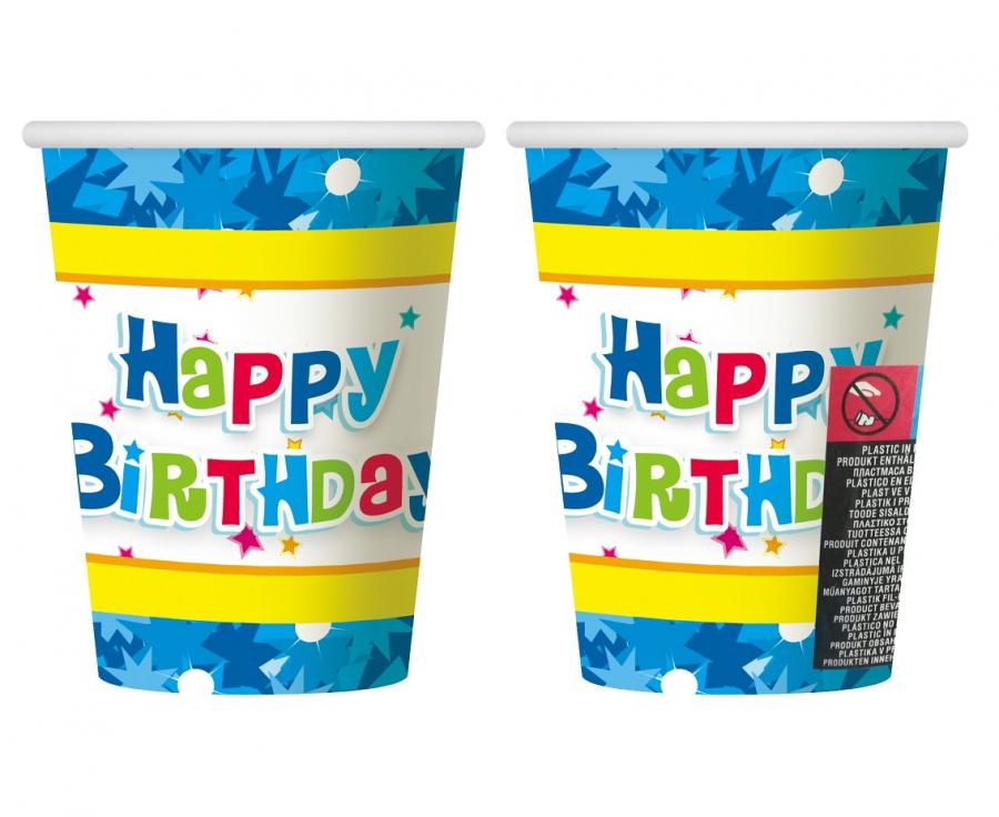 Popieriniai puodeliai "Happy Birthday" melynos, (270 ml / 6 vnt.)