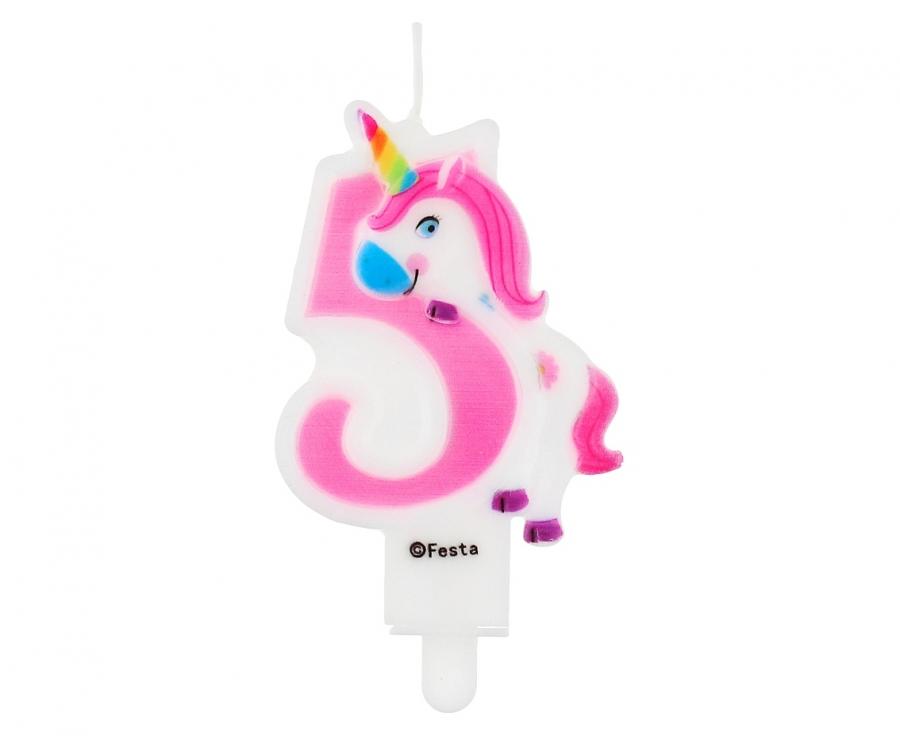 Žvakutė skaičius "5" su vienaragiu "Unicorn" (7,8cm)