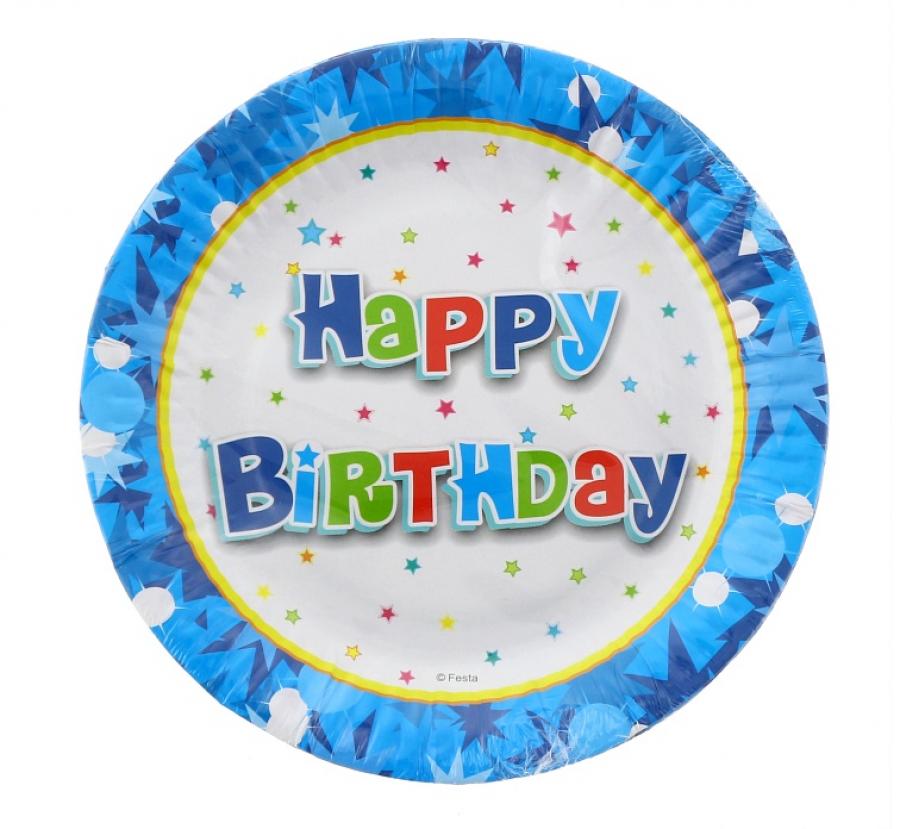 Popierinės lėkštės "Happy Birthday - mėlyna", 18 cm, 6 vnt