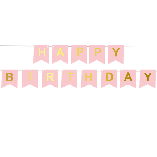 Popierinė vėliavėlių girlianda "Happy birthday " rožinė, 190x20cm