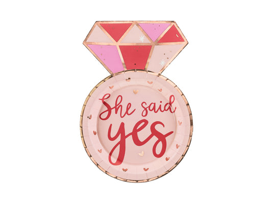 Popierinės lėkštutės žiedo formos mergvakariui "She said yes" ,18x25,5 cm, 6 vnt.